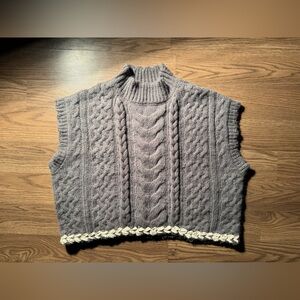 Elie Tahari Gray Cable Knit Vest with Cream Trim